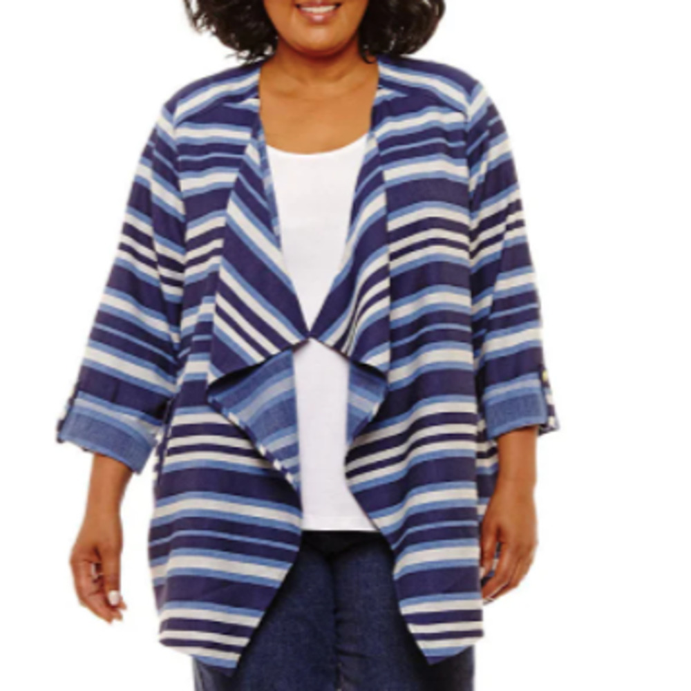 LARK LANE blue stripe twill open front cardigan jacket 2X